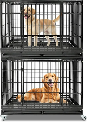 Miniatura 13 de Jaula apilable de 47 pulgadas para perros grandes de alta ansiedad, jaula indestructible a prueba de escapes para interiores con doble puerta