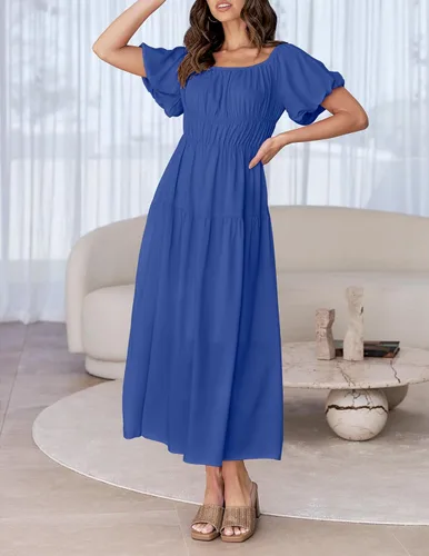 Miniatura 2 de ZESICA Women's 2024 Sexy Boho Off Shoulder Puff Short Sleeve High Waist Ruffled Flowy A Line Beach Party Midi Dress