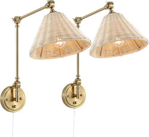 WINGBO Aplique de Pared Envuelto en Ratán, Pantalla Grande, Luz de Pared con Brazo Oscilante Ajustable Dorada Vintage, Luminaria de Cabecera, Dorado