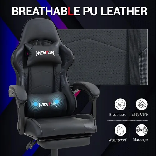Miniatura 7 de Silla de juegos con reposapiés para adultos, silla de videojuegos de carreras de piel sintética con soporte lumbar, para hombres y mujeres, silla