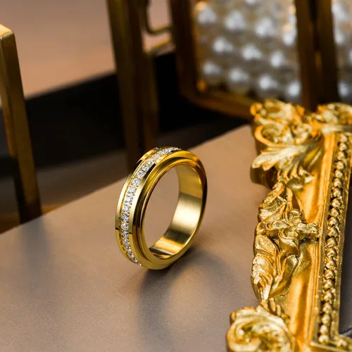 Miniatura 3 de Kainier Anillos de ansiedad chapados en oro de 14 quilates piedras de circonita cúbica anillos giratorios para mujeres y hombres anillos
