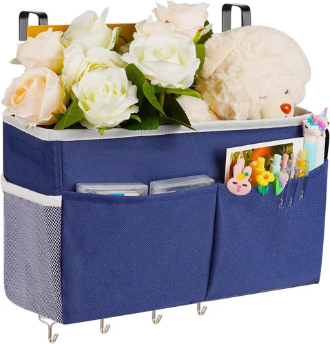 Miniatura 7 de Organizador de almacenamiento de mesita de noche, 5 bolsillos con 4 ganchos, bolsa de almacenamiento colgante para cabeceros/literas (gris)