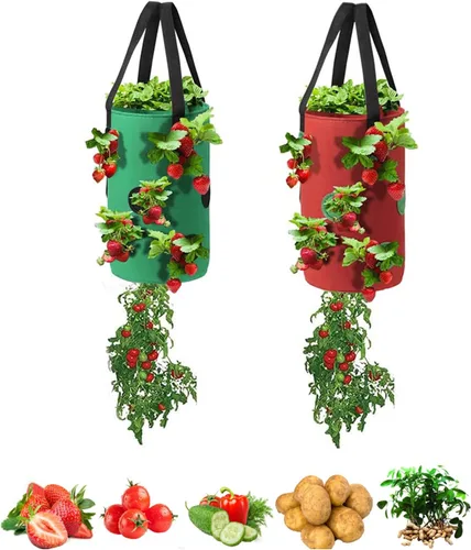 Macetero de tomate al revés de 3 galones, maceta colgante de fresa, bolsas de cultivo de tela de aireación duradera para verduras (juego de 2, rojo