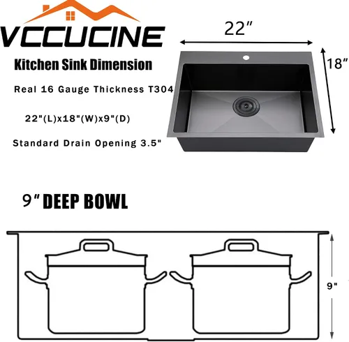 Miniatura 6 de 22x18 Pulgadas Fregadero de Cocina Gunmetal Negro de Montaje Superior, Fregadero de Barra de Cocina RV de 16 Calibre, Fregadero de Barra Húmeda