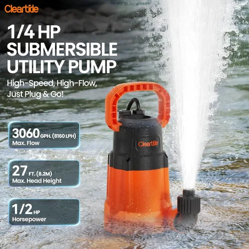 Miniatura 2 de Cleartide Bomba de sumidero sumergible, bomba de agua utilitaria de 1/2 HP para drenaje de piscinas, jacuzzi, sótano, bomba de drenaje eléctrica