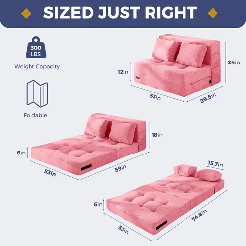 Miniatura 3 de MAXYOYO Sofá Cama Convertible, Sofá Cama Plegable con Almohada, Sofá Cama Plegable Acolchado 4 en 1, Sofá Cama de Espuma para el Piso, Silla Rosa