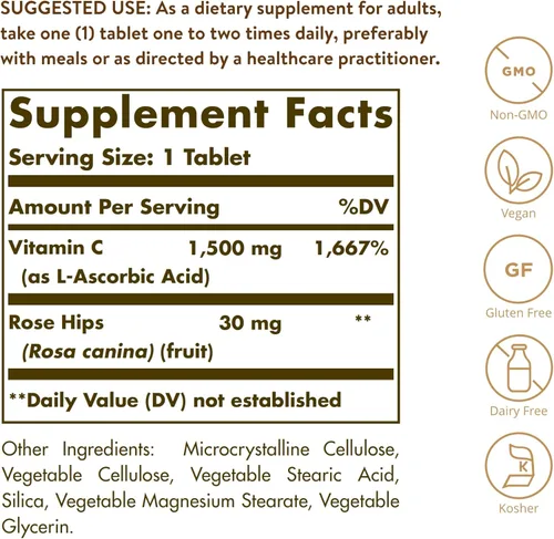Miniatura 2 de Solgar Vitamina C de 1500 mg con escaramujos, 180 tabletas - Antioxidante e inmunológico - Salud general - Apoya la piel y las articulaciones
