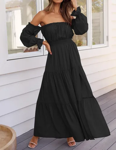 Miniatura 98 de ZESICA - Vestido largo, bohemio y sexy, con hombros descubiertos y manga larga fruncida, con elástico fruncido, cintura alta y abertura lateral