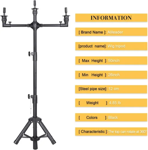 Miniatura 3 de AliLeader - Trípode para peluca de 50 pulgadas y 3 brazos (cabeza de maniquí no incluida) Acero inoxidable, para entrenamiento de peluquería
