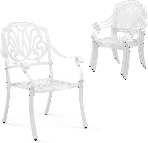 Miniatura 13 de VINGLI Juego de 2 sillas de patio apilables de aluminio fundido para exteriores con acabado negro vintage y patrón floral, sillones de metal