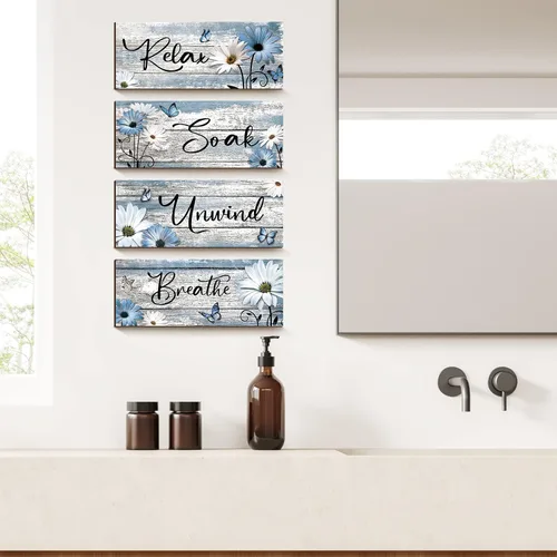 Miniatura 3 de Sunnyray 4 carteles de decoración de pared de baño de granja, margaritas y mariposas, arte de pared para baño, relajarse y relajarse, respirar, Azul