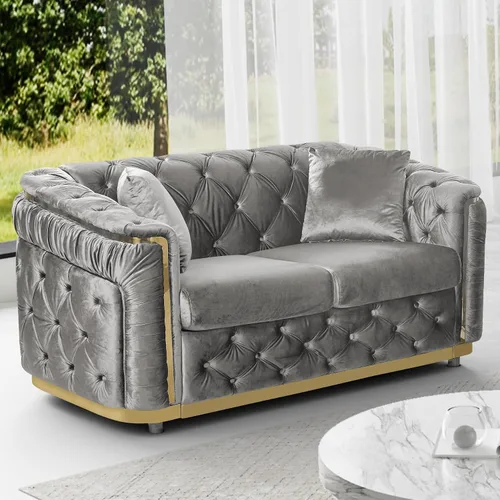 Miniatura 8 de DAMAIFROM Juego de sofá de terciopelo de lujo beige y dorado, moderno de mediados de siglo, sofás Chesterfield copetudos y patas doradas, juego de 2