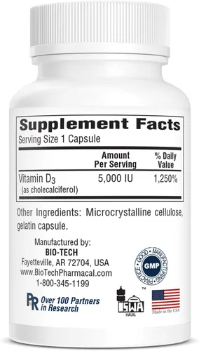 Miniatura 4 de Bio-Tech Pharmacal Vitamina D3 (D3 5k UI, 250 unidades)