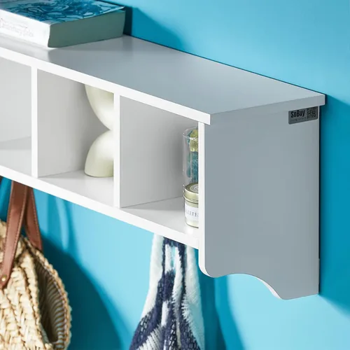 Miniatura 7 de Haotian - Estantería de pared blanca con ganchos para abrigos, perchero de pared para entrada, unidad de almacenamiento con 4 compartimentos y 5