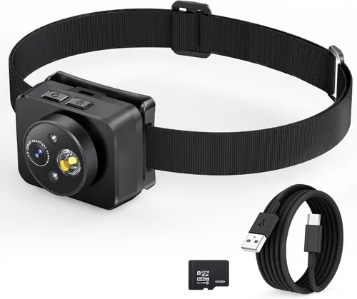 Cámara montada en la cabeza, faro LED, cámara de acción HD 1080P, grabación de video portátil, almacenamiento interno de 64 GB, adecuada para