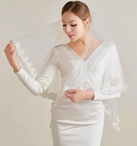 Miniatura 4 de Velos cortos de mujer para novias de 2 niveles de encaje velo de novia con peine