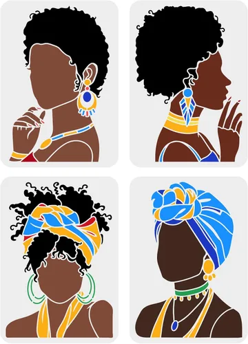 FINGERINSPIRE 4 plantillas de pintura para niñas tribales africanas de belleza de 11.7 x 8.3 pulgadas, plantilla de silueta de cara de niña joven,