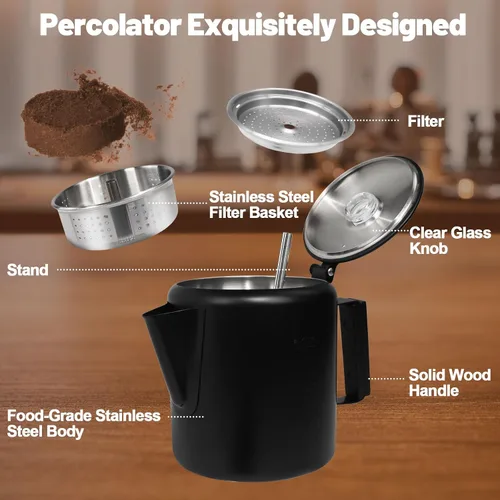 Miniatura 3 de Percolador de 6 Tazas de Acero Inoxidable 304 Cafetera Máquina de Café con Mango de Madera Sólida Perilla Transparente Estufa Greca Mocha