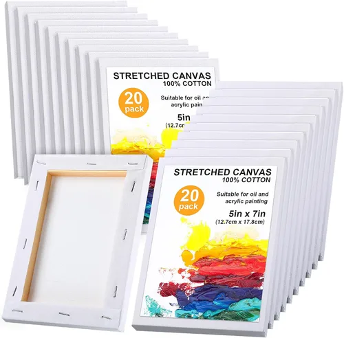 Thenshop Paquete de 20 lienzos estirados para pintar de 5 x 7 pulgadas, triple imprimado sin ácidos, 100% algodón, lienzo blanco en blanco para