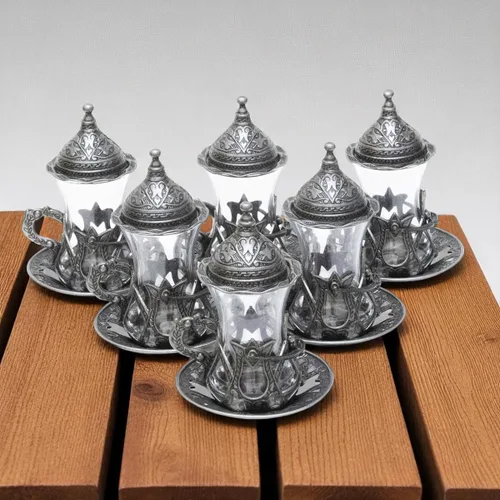 Miniatura 6 de Alisveristime Juego de 6 vasos de té turco hechos a mano Zamzam para servir vasos platillo y cuchara (negro)