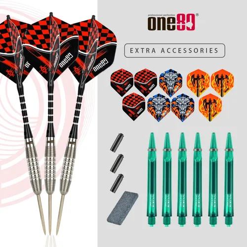 Miniatura 6 de ONE80 - Dardo de punta de acero profesional de tungsteno 90% VHD, estilo barril con vuelos extra, ejes y sacapuntas, caja de regalo con empaque