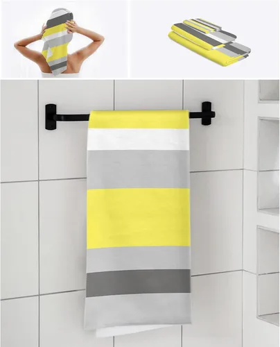 Miniatura 7 de Juego de toallas de baño de 3 piezas, diseño geométrico de rayas amarillas, grises y blancas, juego de toallas de baño suaves y absorbentes