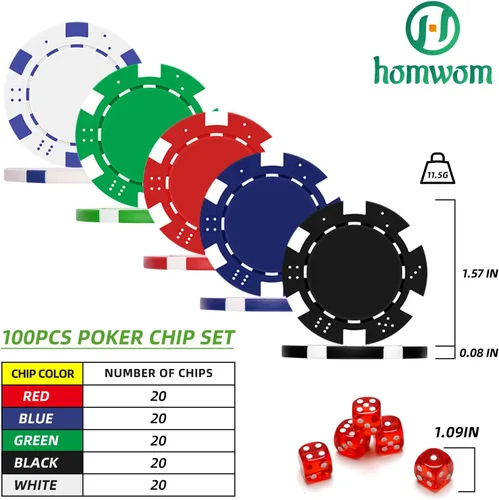Miniatura 3 de Homwom Juego de póquer para viajar, 100 piezas, 5 colores, fichas de póquer profesionales en caja de regalo de cartón, fichas de póquer de casino