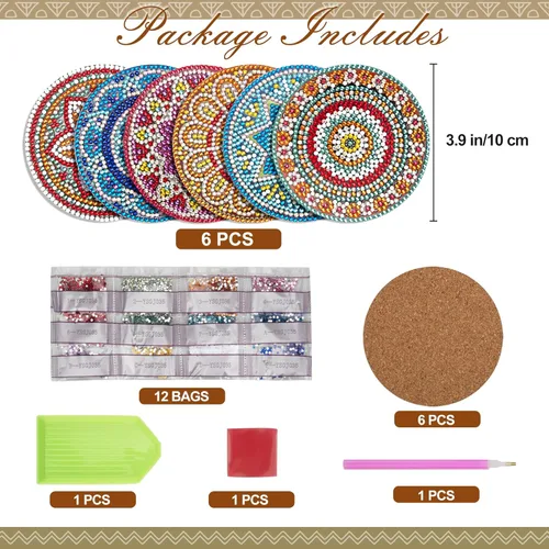 Miniatura 2 de Temlum Juego de 6 posavasos de pintura de diamante, posavasos de mandala para principiantes, kit de pintura de diamantes pequeños para adultos