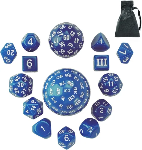 Miniatura 14 de Juego completo de 15 dados poliédricos DND D3-D100 con bolsa de dados de ojo de dragón, dados D100 para juegos de mesa RPG (negro con números azules)