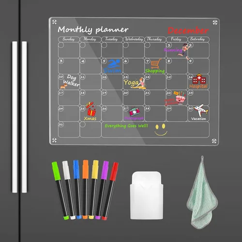 Calendario mensual magnético para refrigerador de 16 x 12 pulgadas, tablero acrílico de borrado en seco, calendario transparente para refrigerador,