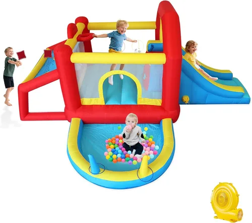 Casa inflable de rebote para niños de 9 en 1 con tobogán alto, piscina de pelotas, juego de fútbol de habilidad, juego de sacos de arena para