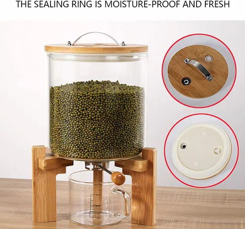 Miniatura 5 de Recipiente de harina y cereales, dispensador de arroz de 5 L, recipiente de almacenamiento de alimentos de vidrio con tapa hermética y soporte