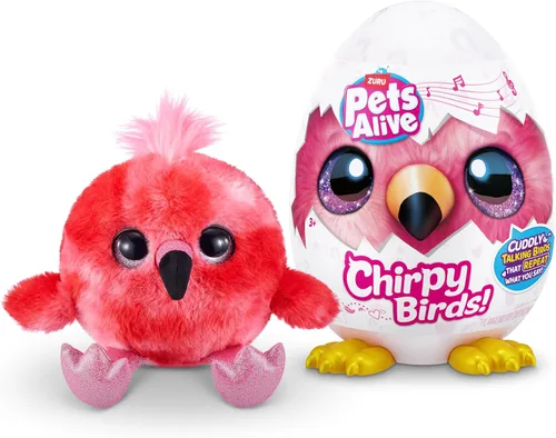 Pets Alive Chirpy Birds (flamenco) de ZURU, mascota electrónica que habla, huevo sorpresa gigante, calcomanías, peine, arcilla esponjosa, peluche de