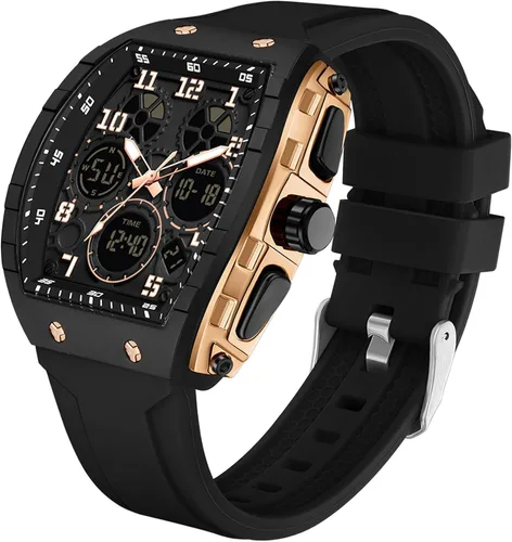 Miniatura 13 de Relojes para hombre, únicos rectángulos, reloj de pulsera blanco con pantalla digital analógica de doble hora, cronómetro de cuenta regresiva, Negro