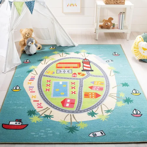 SAFAVIEH Alfombra lavable para niños, colección de casas de juegos, 3 pies 3 pulgadas x 5 pies 3 pulgadas, azul y verde, antideslizante y fácil de