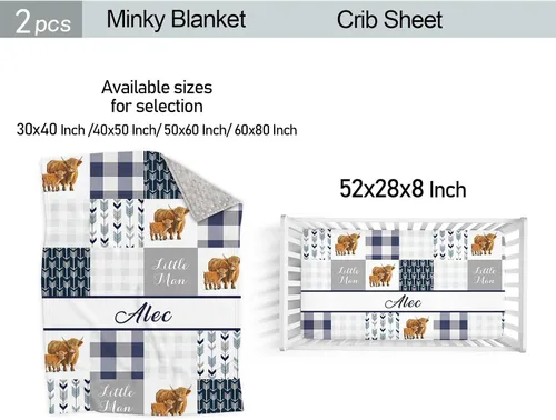 Miniatura 4 de Juego de ropa de cama personalizado para cuna de bebé, edredón de cuna con nombre personalizado, 2 piezas de ropa de cama azul de vaca alta tierra