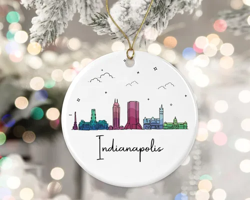 Adorno de la ciudad de Indianápolis, adorno de Navidad de la ciudad de Indianápolis, adorno de Navidad de puntos de interés, gráfico colorido del