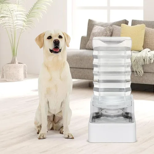 Miniatura 7 de Dispensador automático de agua para mascotas: cuenco de acero inoxidable alimentado por gravedad de 9 L - Alimentador blanco de gran capacidad sin