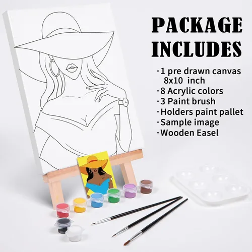 Miniatura 5 de VOCHIC Kit de pintura de lienzo predibujado para adultos, kits de fiesta de pintura y sorbos, suministros de fiesta de 8 x 10 pulgadas, 1 caballete