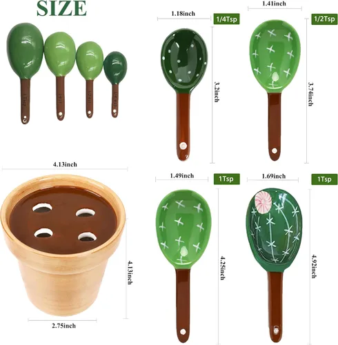 Miniatura 3 de Juego de 5 cucharas medidoras/cucharas de cerámica y taza base medidora/para ingredientes secos y líquidos, bonita forma de cactus