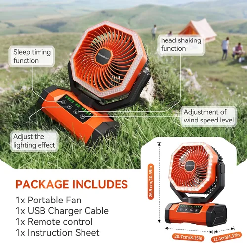 Miniatura 6 de Ventilador de campamento de 20000 mAh con luz LED, ventilador de escritorio oscilante automático con control remoto y gancho, ventilador de tienda