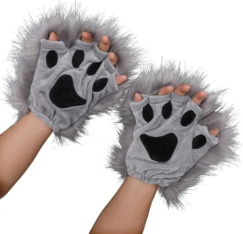 Miniatura 19 de Guantes de garra para disfraz de Halloween, medio dedo, lobo, oso, gato, guantes, guantes de piel sintética para mascarada, cosplay, utilería de mano