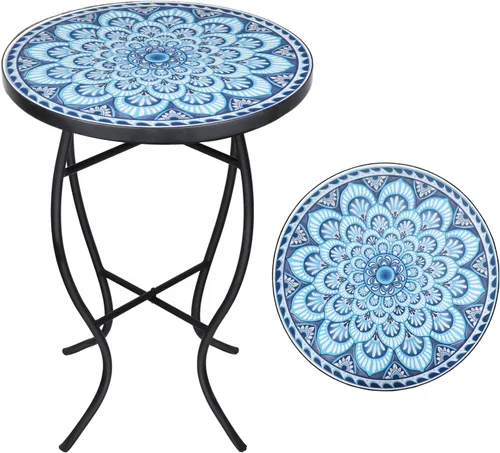 Miniatura 11 de VCUTEKA Mesa auxiliar de mosaico, mesa auxiliar redonda de 21" con tapa de baldosas cerámicas de 14", mesa auxiliar de acento para patio