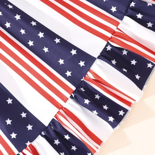 Miniatura 7 de Vestido para niñas del 4 de julio, vestidos de bandera estadounidense, manga con vuelo, ropa patriótica, trajes para el día de la independencia