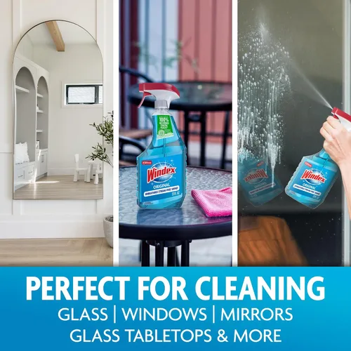 Miniatura 2 de Windex Spray limpiador de vidrio y ventanas, botella hecha de plástico 100% reciclado, espray de limpieza de superficies, aroma azul original, 23
