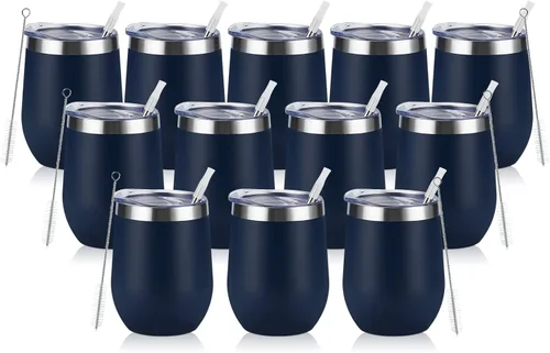 12 unidades de vasos de vino de acero inoxidable, 12 onzas, vasos de vino aislados de doble pared con tapas y popotes, vasos de vino de acero Azul