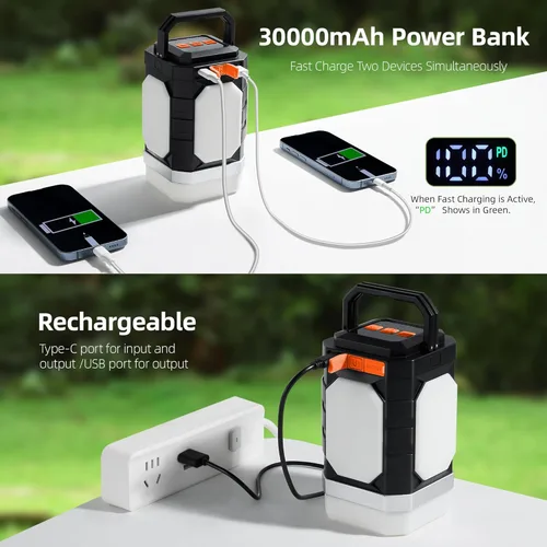 Miniatura 3 de Sinvitron Linterna de campamento recargable: 30,000 mAh luces de campamento portátiles, carga rápida QC3.0, 1000 lúmenes, tiempo de funcionamiento