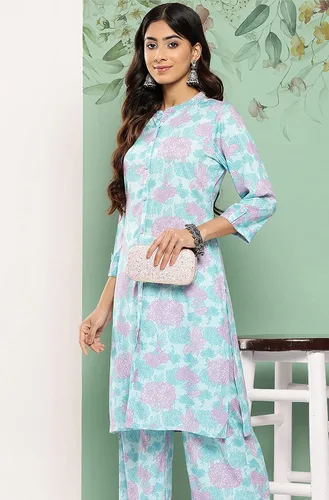 Miniatura 4 de Janasya Conjunto de coords con estampado digital de crepé azul cielo para mujer india