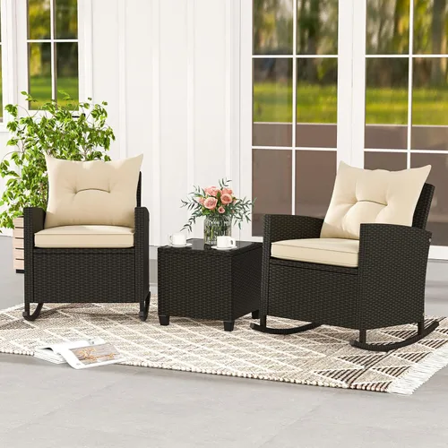 Miniatura 2 de KOTEK Juego de 3 piezas de muebles de patio, mecedoras de mimbre para exteriores y mesa de cristal, juego de conversación de ratán PE para porche
