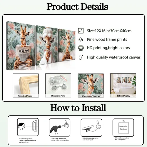 Miniatura 4 de Conjunto de 3 divertidos cuadros de animales para baño, lindas pinturas de jirafa leyendo el periódico, arte en lienzo de batas botánicas eclécticas